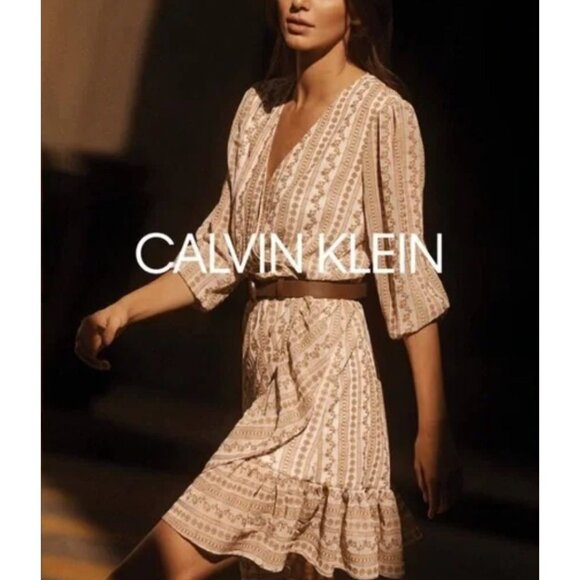 CALVIN KLEIN mustard embroidered faux wrap dress size S - Picture 1 of 7